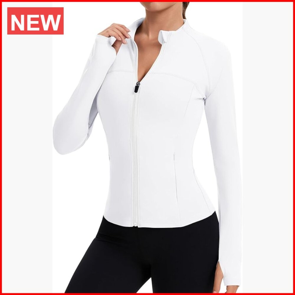 Full Zip Workout Jacket with Thumbholes Slim Fit Athletic Tops